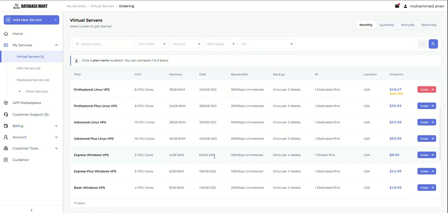 اختيار Express Windows VPS بذاكرة 4GB وتخزين 60GB في لوحة Database Mart