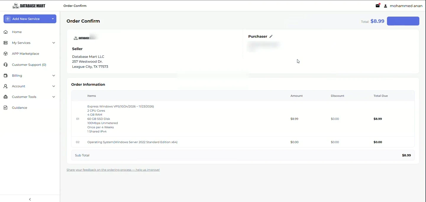 فاتورة شراء Windows Server 2022 بإجمالي 8.99 دولار وقت التسجيل