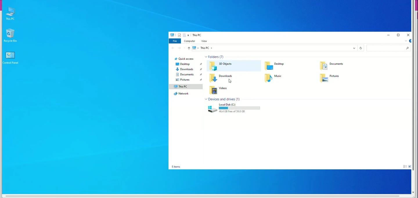 سطح مكتب Windows Server بعد نجاح الاتصال بالسيرفر البعيد