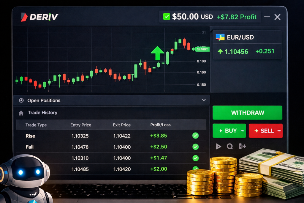 إيداع 50 دولار في Deriv باستخدام بوت تداول
